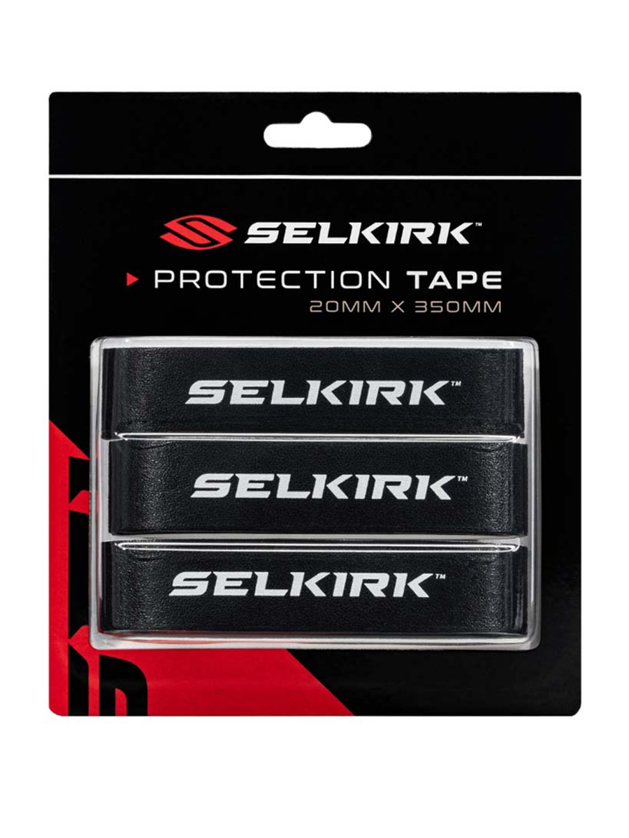 A package of SELKIRK brand protective edge guard tape for pickleball paddles, displayed with white tape featuring the SELKIRK logo in red and black.