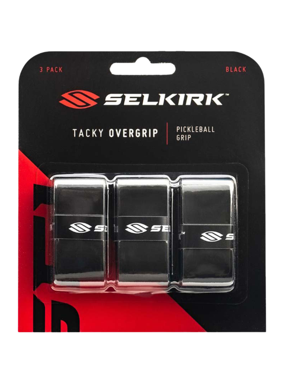 A 3-pack of Selkirk Tacky Overgrip pickleball grips in black, packaged on a black and red blister card.

