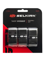 A 3-pack of Selkirk Tacky Overgrip pickleball grips in black, packaged on a black and red blister card.

