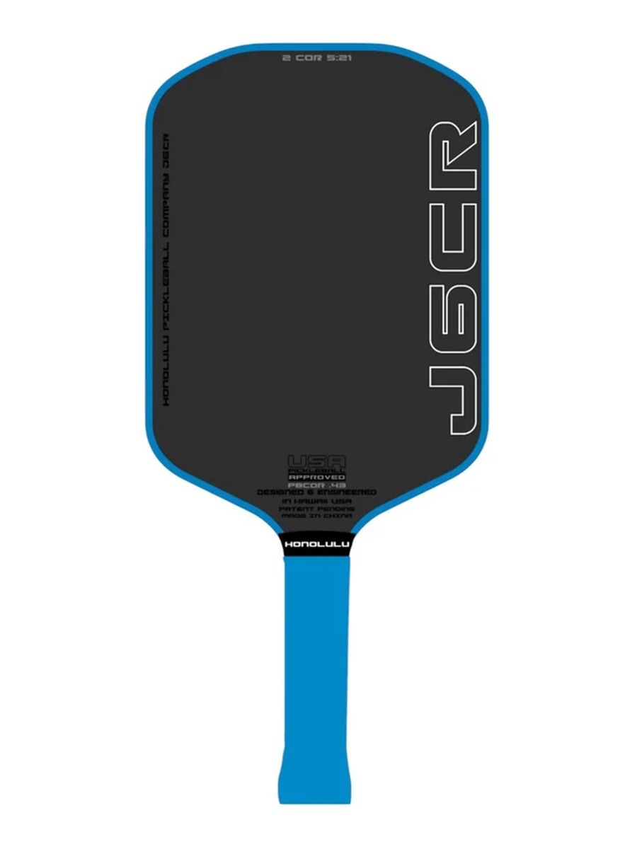 A J6CR pickleball paddle shown from the back, featuring a black textured face with a bright blue border and handle, and white J6CR branding.