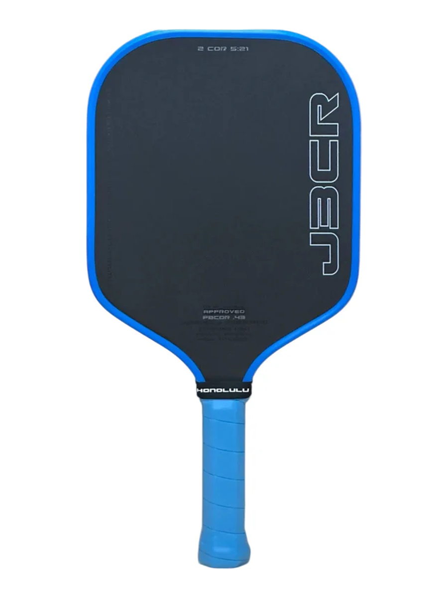 A J3CR pickleball paddle with a black paddle face, bright blue border, and a blue wrapped handle, shown against a plain white background.